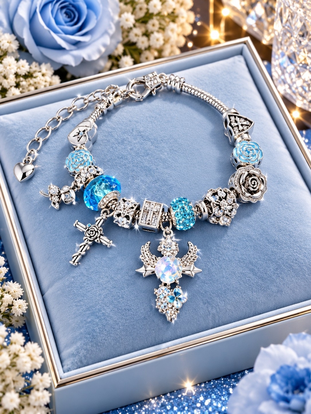 Silver-tone Blue Crystal Charm Bracelet with Floral and Cross Charms